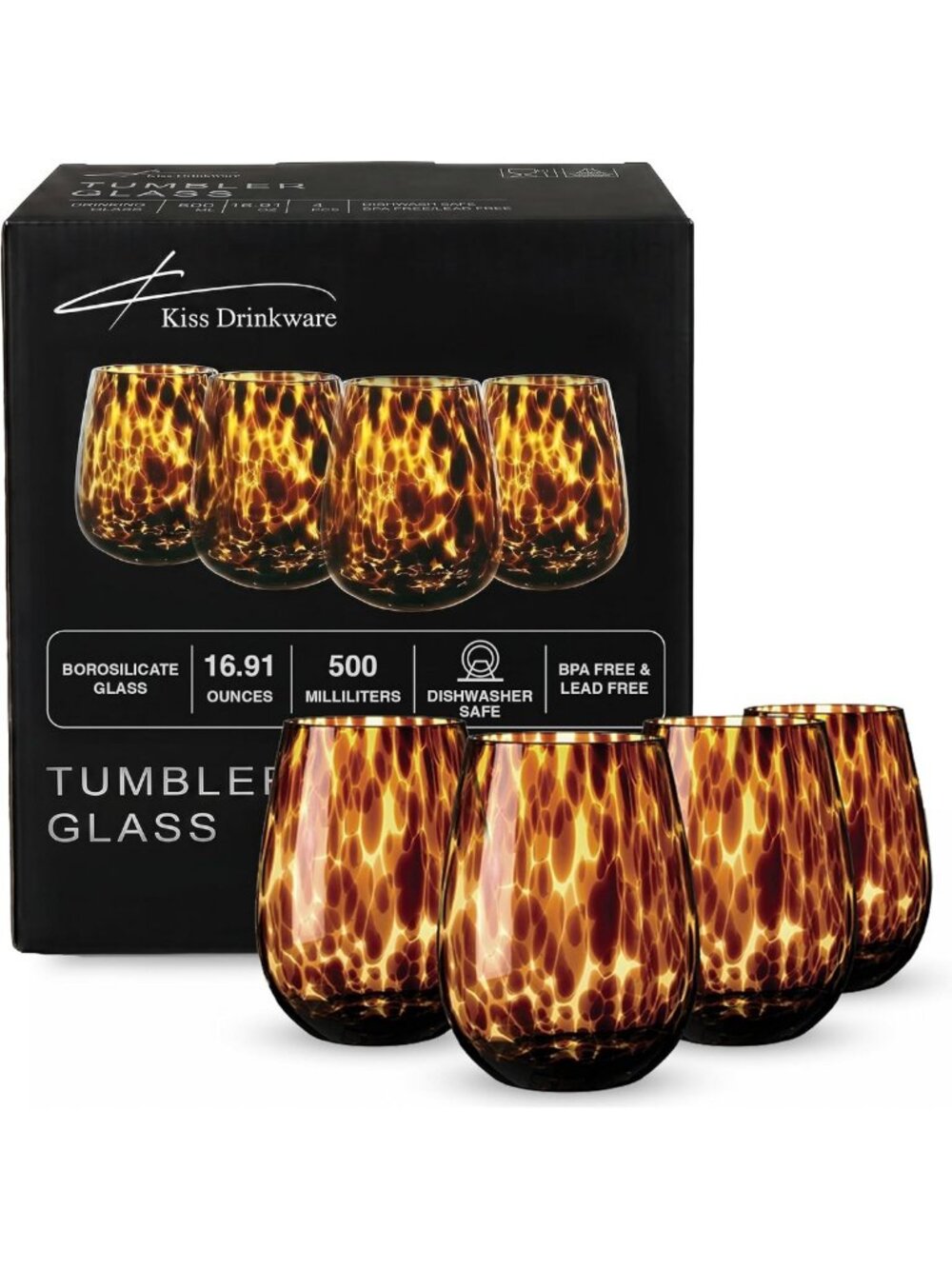 Tortoise Shell Stemless Wine & Water Glass Set of 4 - Durable, Lead-Free